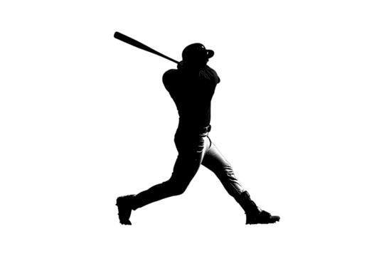 Dynamic baseball player swinging bat with intense focus, captured in dramatic silhouette, ready for game-winning hit
