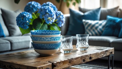 A table with blue hydrangea flowers in a vase, along with blue patterned bowls and glasses, placed on a rustic wooden table in a cozy living room setting.