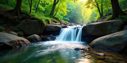 Serene Cascading Waterfall in Lush Green Forest Sunlight Dappled Rocky Creek Bed, Perfect for Travel and Nature Photography