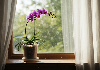 A vibrant purple orchid plant sits on a windowsill, bathed in sunlight filtering through a sheer white curtain, with a blurred green outdoor background.