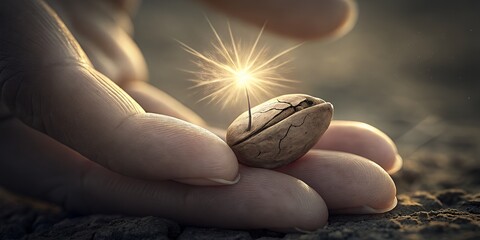 Tiny seed sprouts with a spark of light held gently in a human hand
