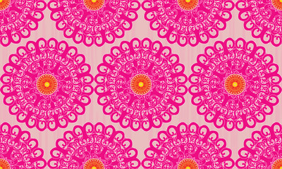 The fabric pattern is a beautiful pink and orange flower pattern that is endlessly arranged with a pink background and a mandala.