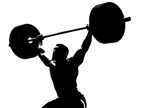 Powerful athlete intensely lifting heavy barbell overhead demonstrating strength and dedication in dramatic high contrast lighting