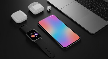 Sleek Modern Tech Gadgets: Smartphone, Apple Watch, AirPods, and Laptop on Dark Background - Perfect for Tech, Lifestyle, and Product Mockup Designs. High-resolution image ideal for website banners...