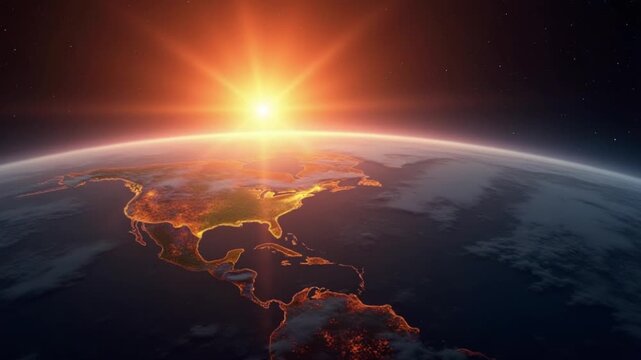 4K Beautiful sunrise world skyline. Planet earth from space. Planet earth rotating animation. Clip contains space, planet, galaxy, stars, cosmos, sea, earth