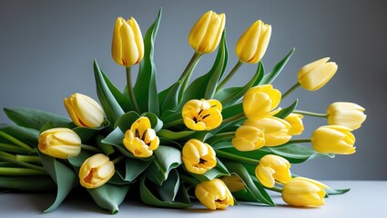 Obraz premium Yellow tulips bouquet with green leaves on gray background. Bright flowers and floral arrangement for decoration or gifting.