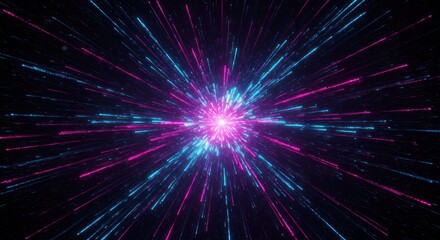 Abstract light trails radiate from a central point in blue and pink.