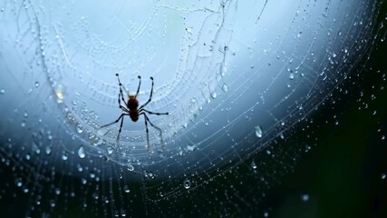 Spider on a Rainy Cobweb. This high-quality clip is perfect for projects related to nature, insects, or Halloween-themed content