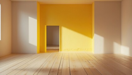 Fototapeta premium An empty room with a yellow accent wall, light wooden floor, and doorway leading to another space, illuminated by natural sunlight.