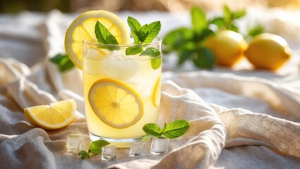 Fototapeta premium Refreshing lemon drink with ice and mint, served in a glass, with fresh lemons and greenery in the background.