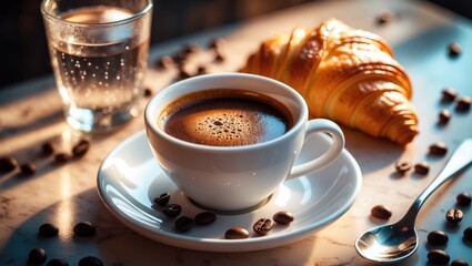 A cup of coffee with a croissant and a glass of sparkling water on a table with scattered coffee beans, close-up.