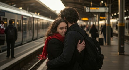 A woman and man hugging at a train station platform. Emotional goodbye or reunion moment. Travel and relationship concept for couples.
