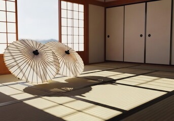 Traditional Japanese Umbrellas in a Sunlit Tatami Room, No People
