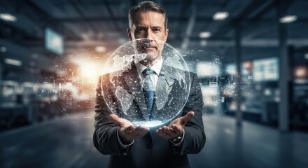 Man in suit holds holographic globe in warehouse with blurred background.