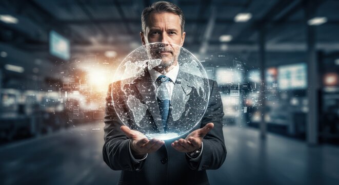 Man in suit holds holographic globe in warehouse with blurred background.