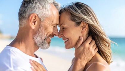 Two smiling elderly couples, standing nose to nose on the beach with white sand and turquoise sea against the background, hugging and enjoying a romantic moment under bright sunlight.