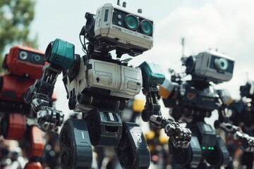 Robots parading at an outdoor tech festival showcasing innovative designs and advanced technology