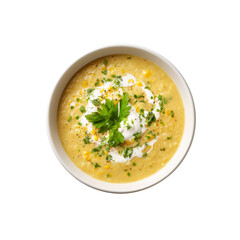 Creamy Corn Soup in a Bowl, Garnish with Parsley and Sour Cream