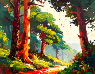 Colorful forest painting with sunlight and vibrant trees