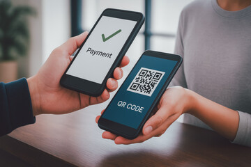 Mobile payment transaction using QR code scan between smartphones, representing digital finance, contactless payment, and modern cashless economy for e-commerce and small businesses.