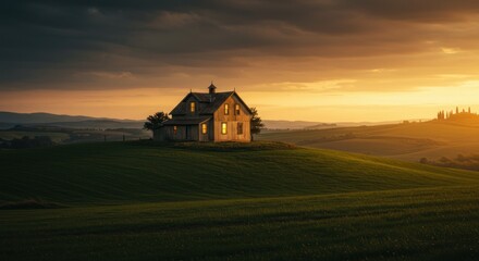 Rustic farmhouse atop rolling hills at golden sunset