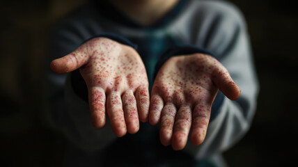Close-up of child&rsquo;s hands with red rashes, illustrating symptoms of viral infection, hand foot and mouth disease, or allergic reaction, used in healthcare and medical awareness content.