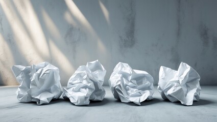 Four crumpled paper balls on a surface with shadows and light. Concept of waste, disposal, or frustration. Artistic or visual representation of discarded ideas or objects.