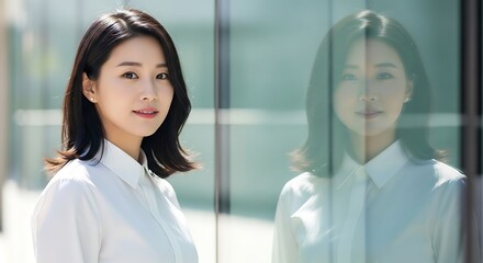 Obraz premium A young Asian woman in a white collared shirt stands confidently next to a reflective glass building.