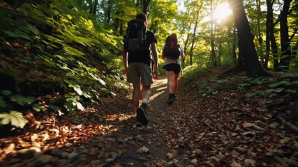 Low-angle video shot of hikers walking through a sunlit forest trail, capturing the dynamic movement and lush greenery from behind.
