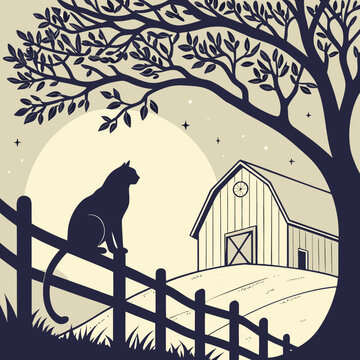 Black cat sitting on a fence in front of a barn at night