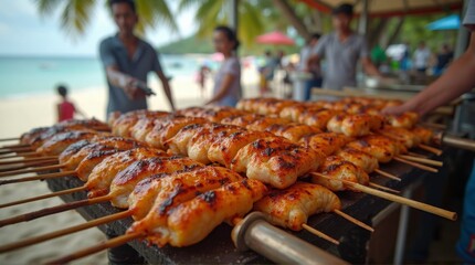 Grilled Chicken Skewers on Outdoor Beach Food Stall