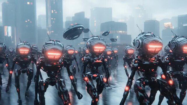 Army of robots invading futuristic city with spaceships