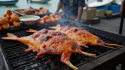 Grilled Whole Fish with Crispy Skin Cooking on Outdoor Barbecue