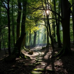 Sunlight streams through vibrant green forest path, perfect for travel and nature