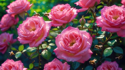 Fototapeta premium Pink roses in full bloom with bees flying around. Beautiful floral scene. Nature and pollination. The concept of garden and bee activity.