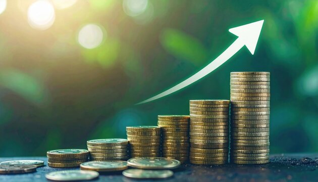 Stacked golden coins rising with arrow pointing upward representing financial growth business success economy investment and wealth accumulation over time