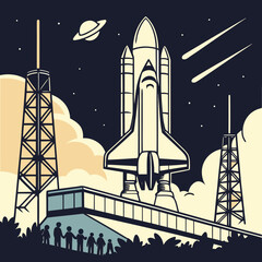 Space Shuttle Launch with Rocket Towers and Spectators