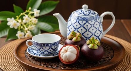 Fototapeta premium Traditional Porcelain Tea Set with Exotic Mangosteen Fruit