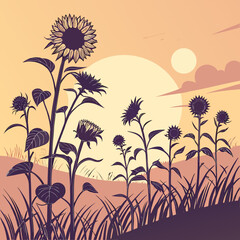 Silhouette of Sunflowers Against Sunset Sky plants