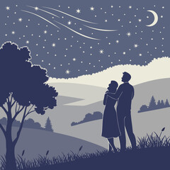 Couple Gazing at Starry Night Sky with Meteor Shower