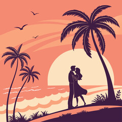 Couple Embracing on Beach at Sunset with Palm Trees