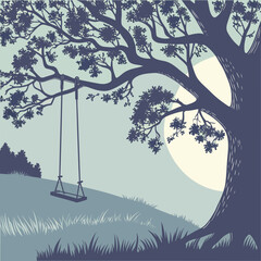 Tree with a swing and a large sun in a serene landscape