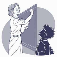 Teacher and student at blackboard in classroom education