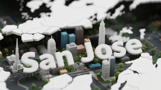 San Jose 3D miniature city model with prominent text. Animated urban map concept, showcasing buildings, streets, and green spaces for travel & tech themes.