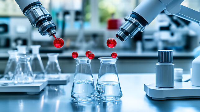 Microscopes Dropping Red Liquid into Beakers in a Laboratory Setting - Powered by Adobe
