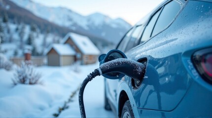 Electric Car Charging in Snowy Mountain Village Scene