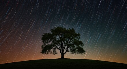 Silhouetted tree, star trails, night sky