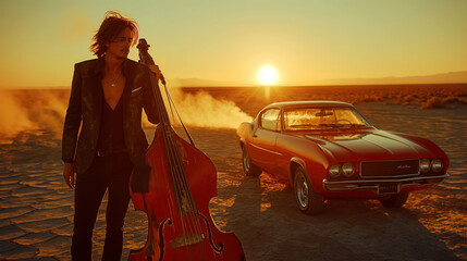 A musician holding a double bass stands beside a vintage car, silhouetted against a stunning desert sunset backdrop, evoking themes of style, freedom, and artistic expression.