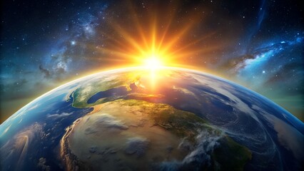 Fototapeta premium Earth rising over the horizon with a bright sun and a colorful nebula in the background space view