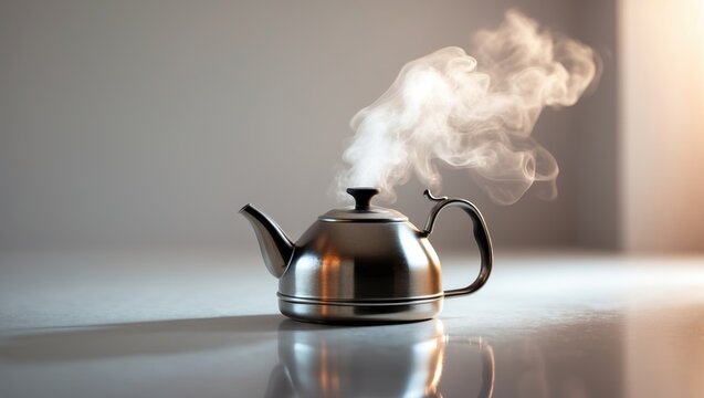 A teapot emitting steam or smoke on a smooth surface, with a plain background. - Powered by Adobe